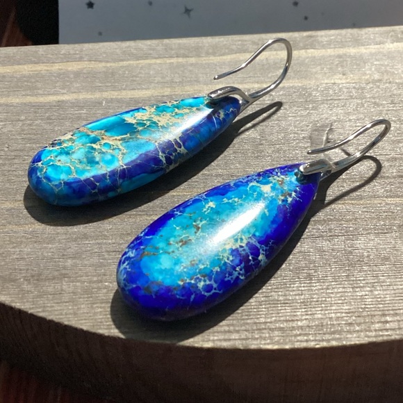 🪸Blue Sea Sediment Waterdrop Natural Stone French hook Earrings🐚 - Picture 8 of 12